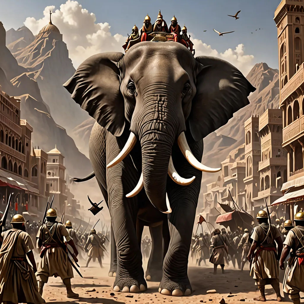 a painting of a group of people riding on the back of an elephant in a desert town with mountains in the background, sumatraism, a detailed matte painting, Ed Binkley, orientalism