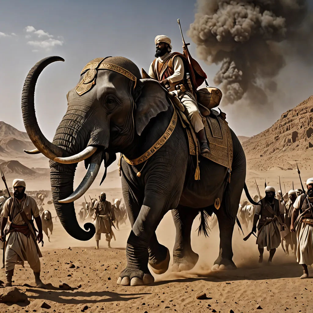 a man riding on the back of an elephant in the desert with other men walking behind him and a plume of smoke billowing from the sky, sumatraism, a detailed matte painting, Amédée Ozenfant, cinematic photography