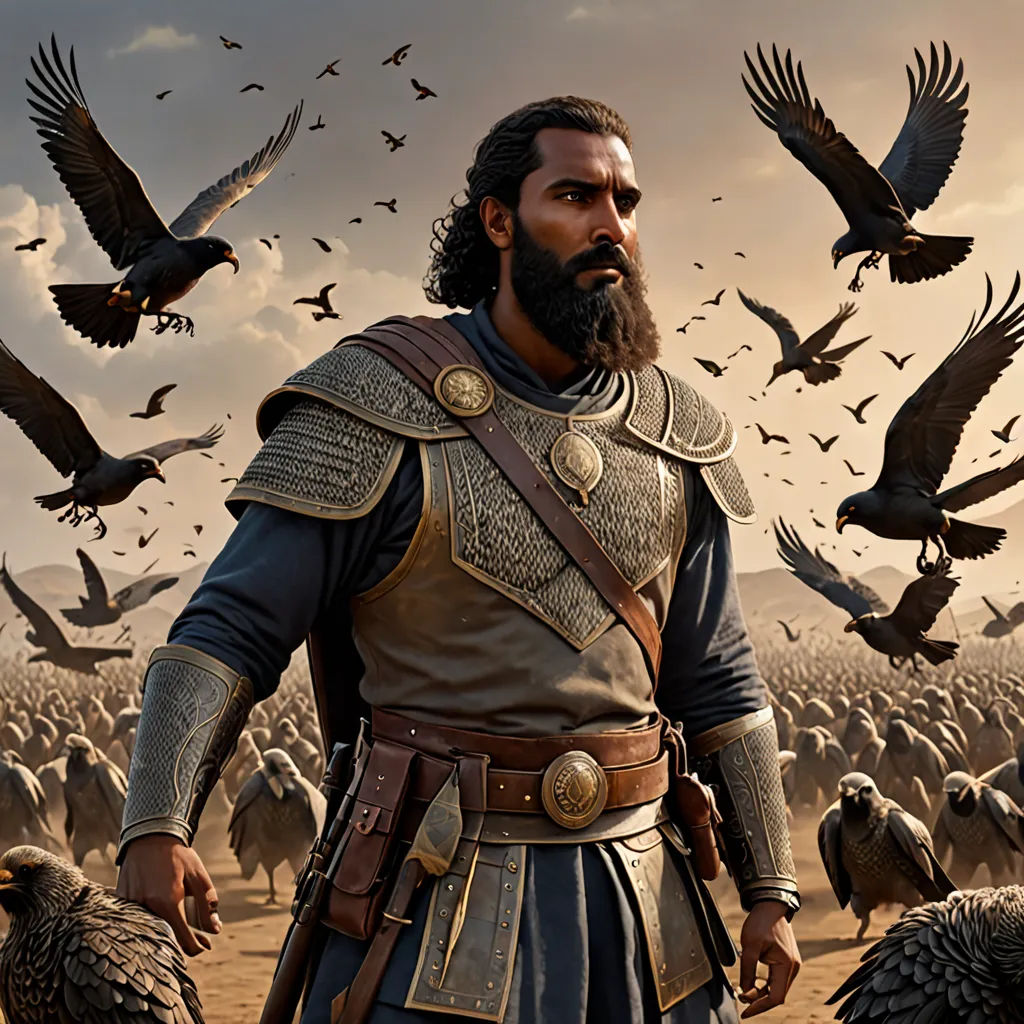 a man in a full armor surrounded by birds in a desert area with a sky background and a sky filled with birds, samikshavad, a detailed matte painting, Daryush Shokof, epic fantasy character art