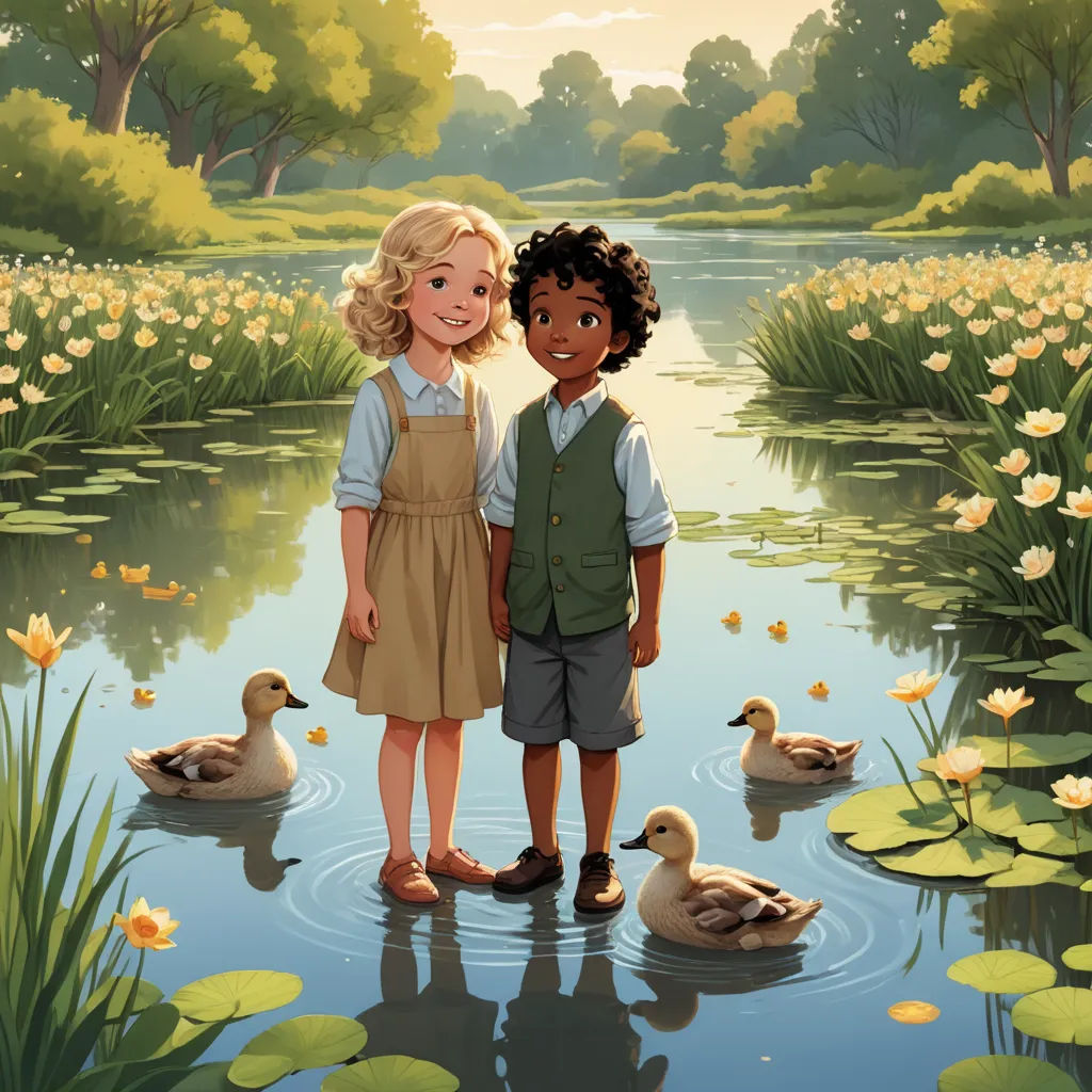 a couple of kids standing next to each other near a pond with ducks and lily pads on the water, american scene painting, a storybook illustration, Elizabeth Forbes, promotional image