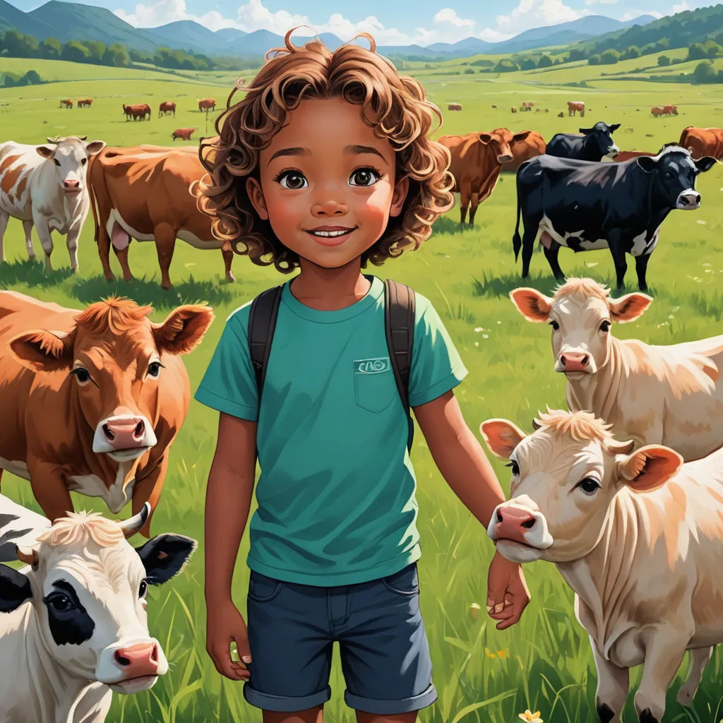 a painting of a boy standing in a field with cows in the background and a mountain range in the distance, american scene painting, a storybook illustration, Aaron Jasinski, ultra realistic illustration