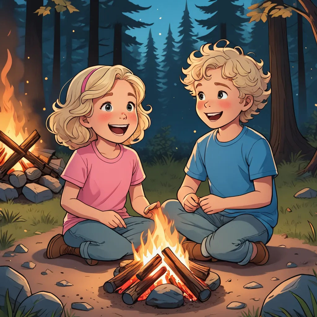 a boy and a girl sitting next to a campfire in the woods at night time, with a campfire in the foreground, lyco art, a storybook illustration, Diego Gisbert Llorens, storybook illustration