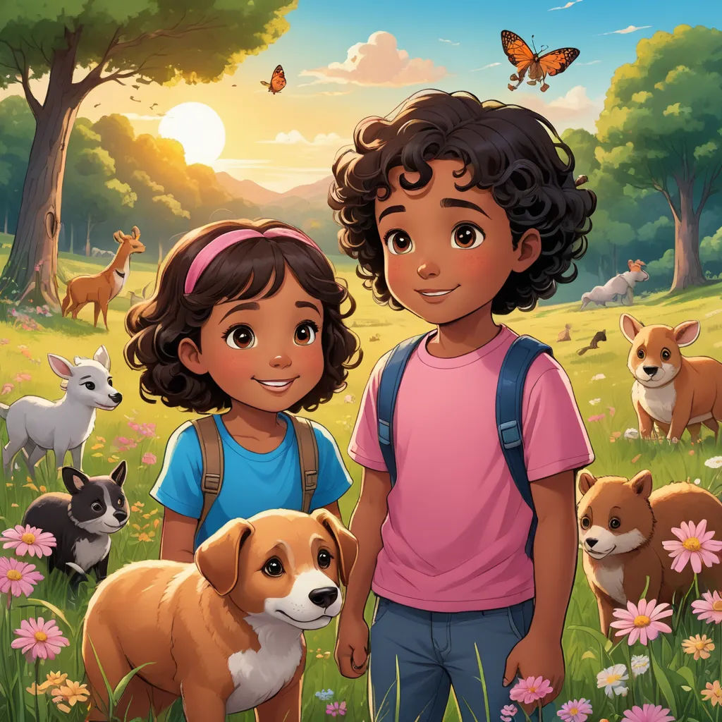 a boy and a girl standing in a field with dogs and butterflies flying above them and a sunset behind them, furry art, a storybook illustration, Ella Guru, comic cover art