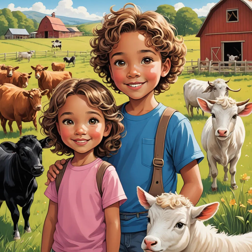 a painting of a boy and girl standing in front of a herd of cows in a field with a barn in the background, american scene painting, a storybook illustration, Aaron Jasinski, book cover