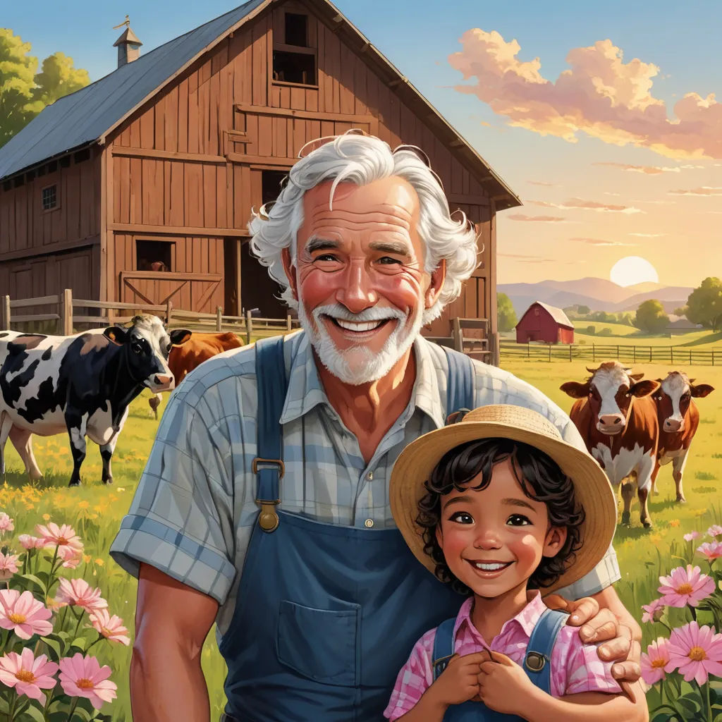 a painting of a man and a little girl standing in front of a barn with cows in the background, american scene painting, a storybook illustration, Bob Byerley, storybook illustration