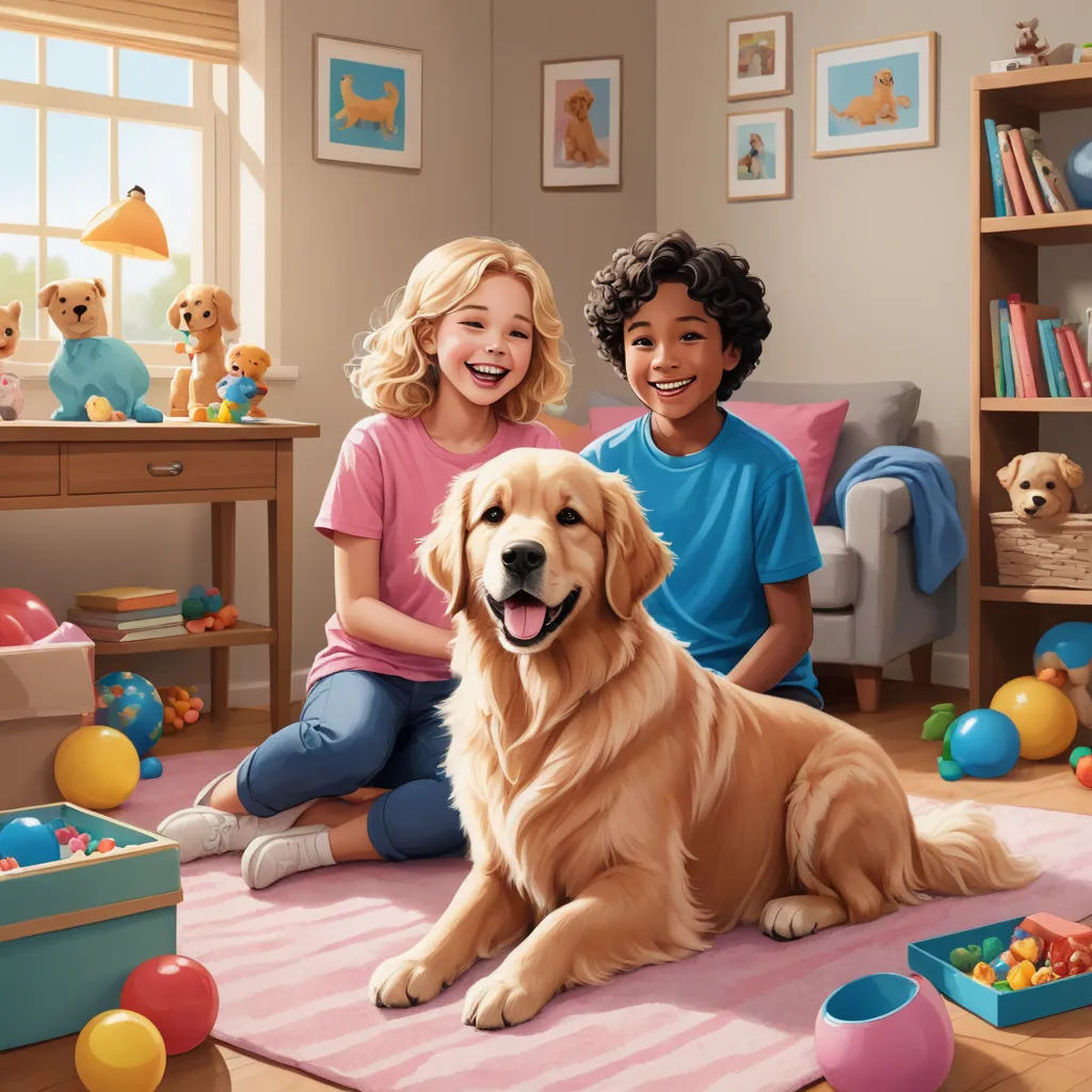 a couple of kids and a dog in a room with toys and toys on the floor and a rug, american scene painting, a storybook illustration, Bob Byerley, promotional image