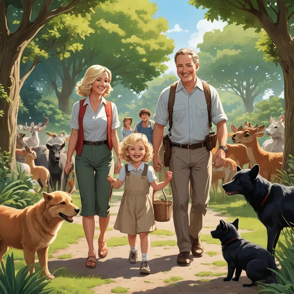 a man and woman walking with two children and a dog in a park with a herd of cows behind them, american scene painting, a storybook illustration, Aaron Jasinski, official art