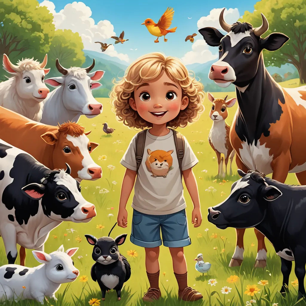 a little girl standing in front of a herd of cows and chickens in a field with a bird flying above her, lyco art, a storybook illustration, Diego Gisbert Llorens, storybook illustration