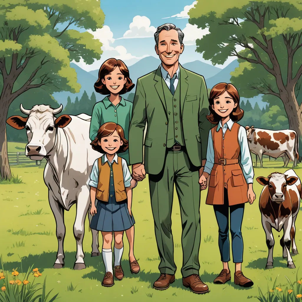 a man and two children standing in front of a cow and a cow in a field with trees and flowers, les automatistes, a storybook illustration, Bourgeois, official art