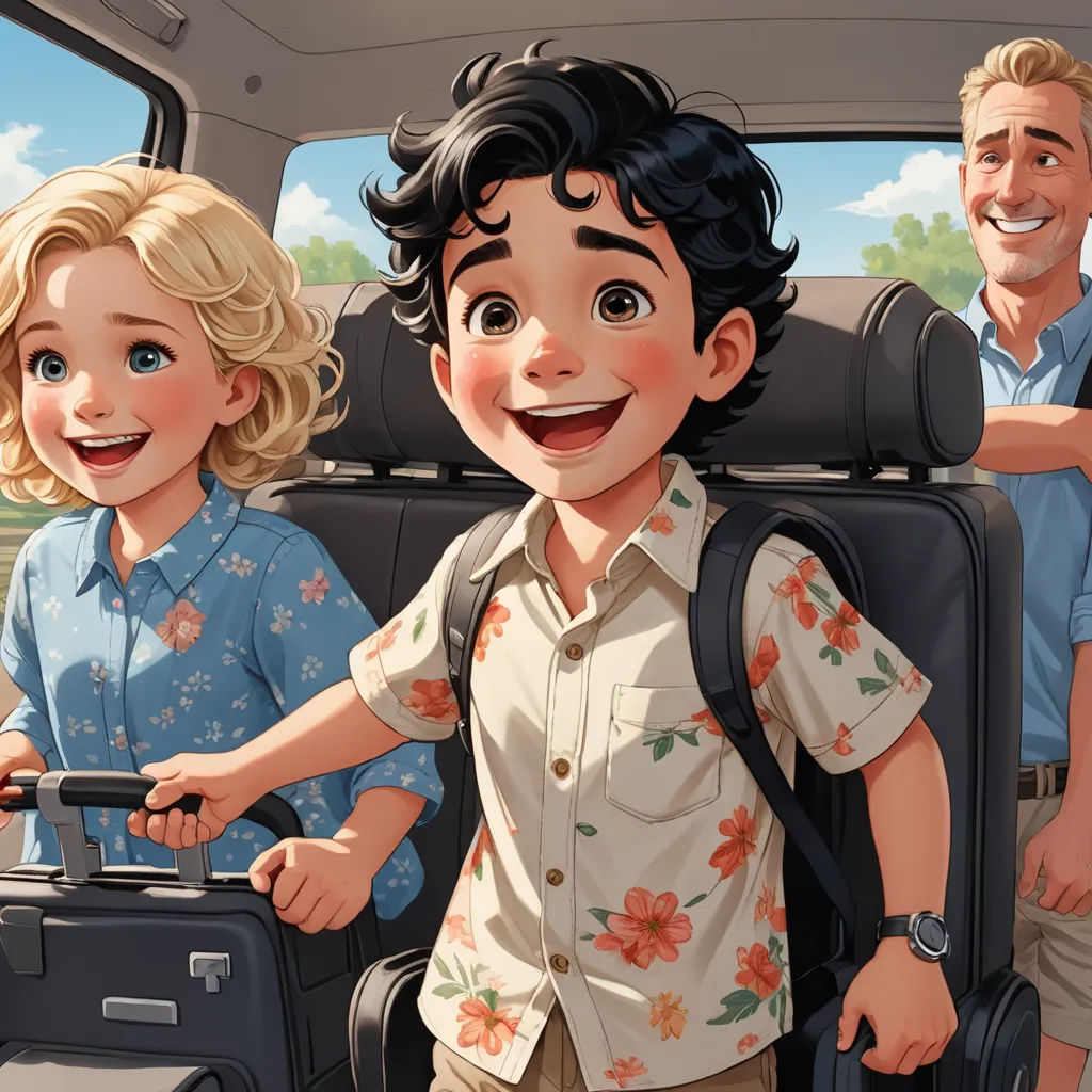 a boy and a girl are standing in the back of a car with luggage in their hands and smiling, sots art, a storybook illustration, disney, official art