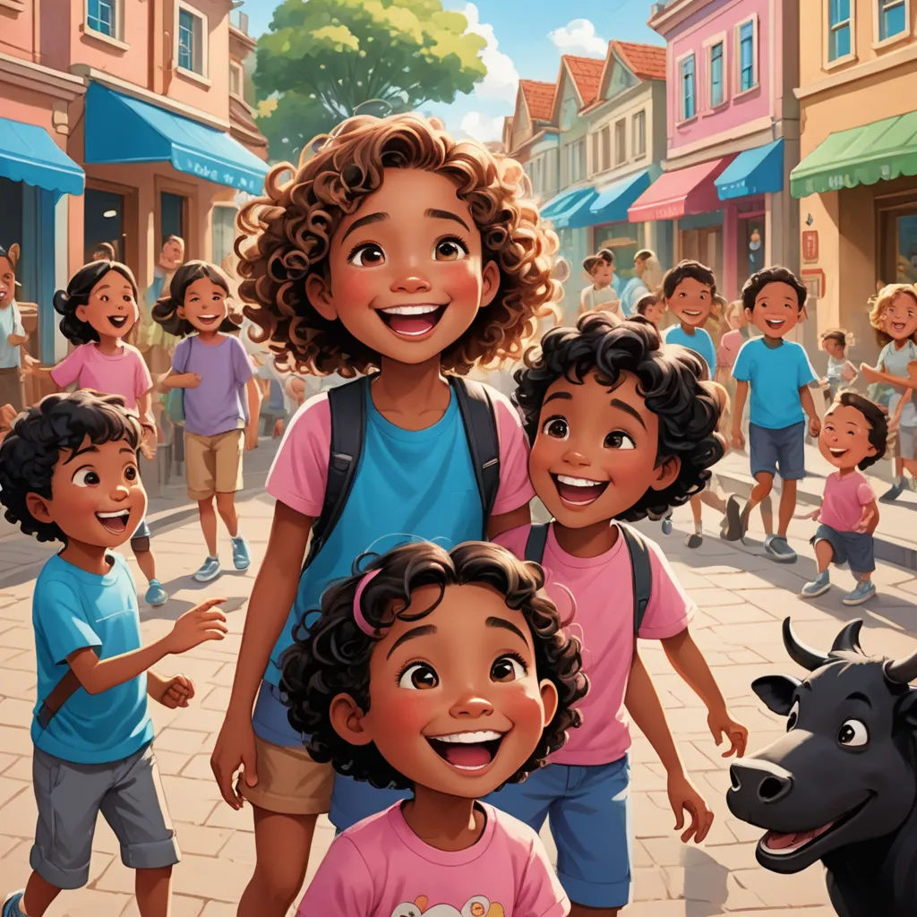 a group of children standing next to each other on a street with a cow in front of them and a man in the background, american scene painting, a storybook illustration, disney, official art