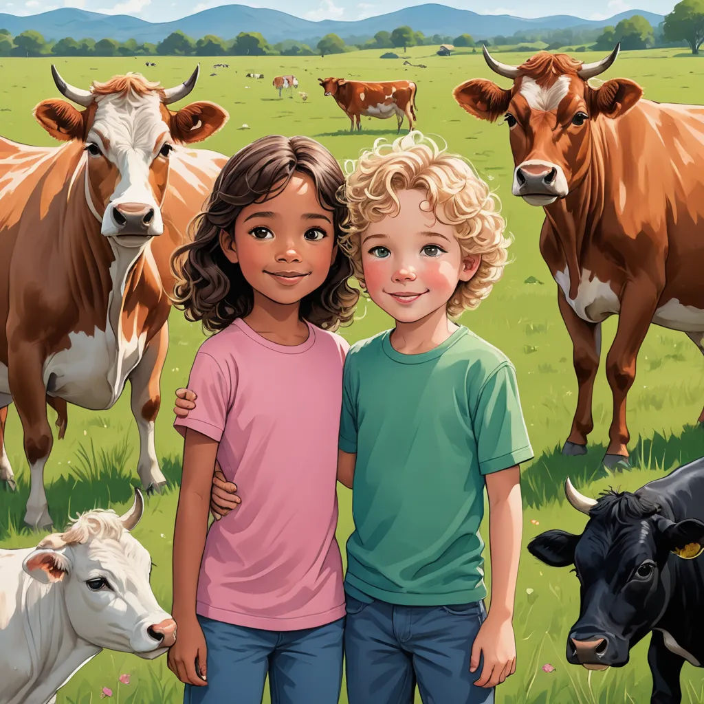 two children standing in front of a herd of cows in a field of grass with mountains in the background, american scene painting, a storybook illustration, Aaron Jasinski, book cover