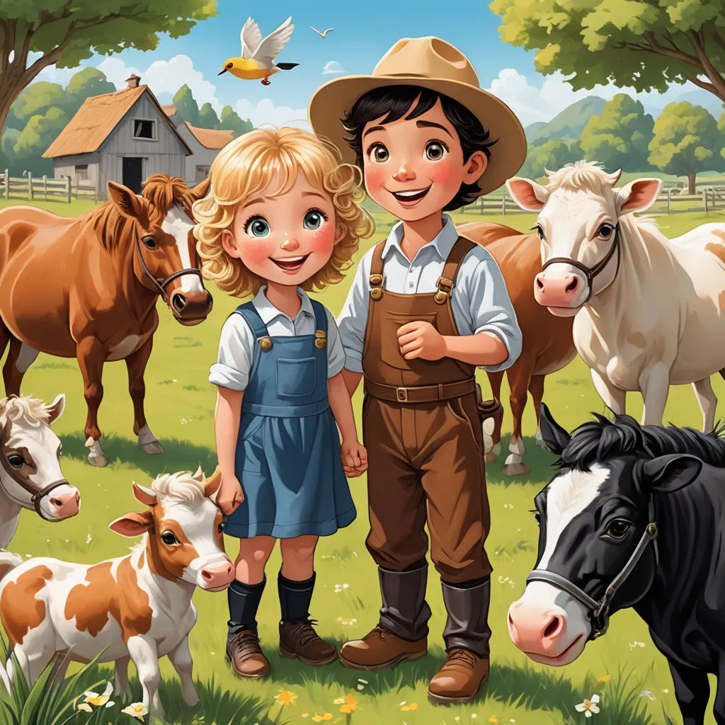 a boy and a girl standing in front of a herd of cows and cows in a field with a barn in the background, naive art, a storybook illustration, Americo Makk, storybook illustration