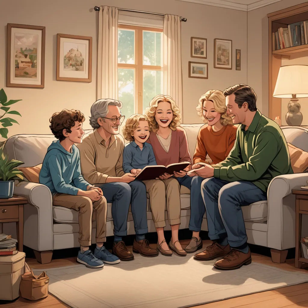 a family sitting on a couch together and reading a book together in a living room with a large window, american scene painting, a storybook illustration, F Scott Hess, storybook illustration