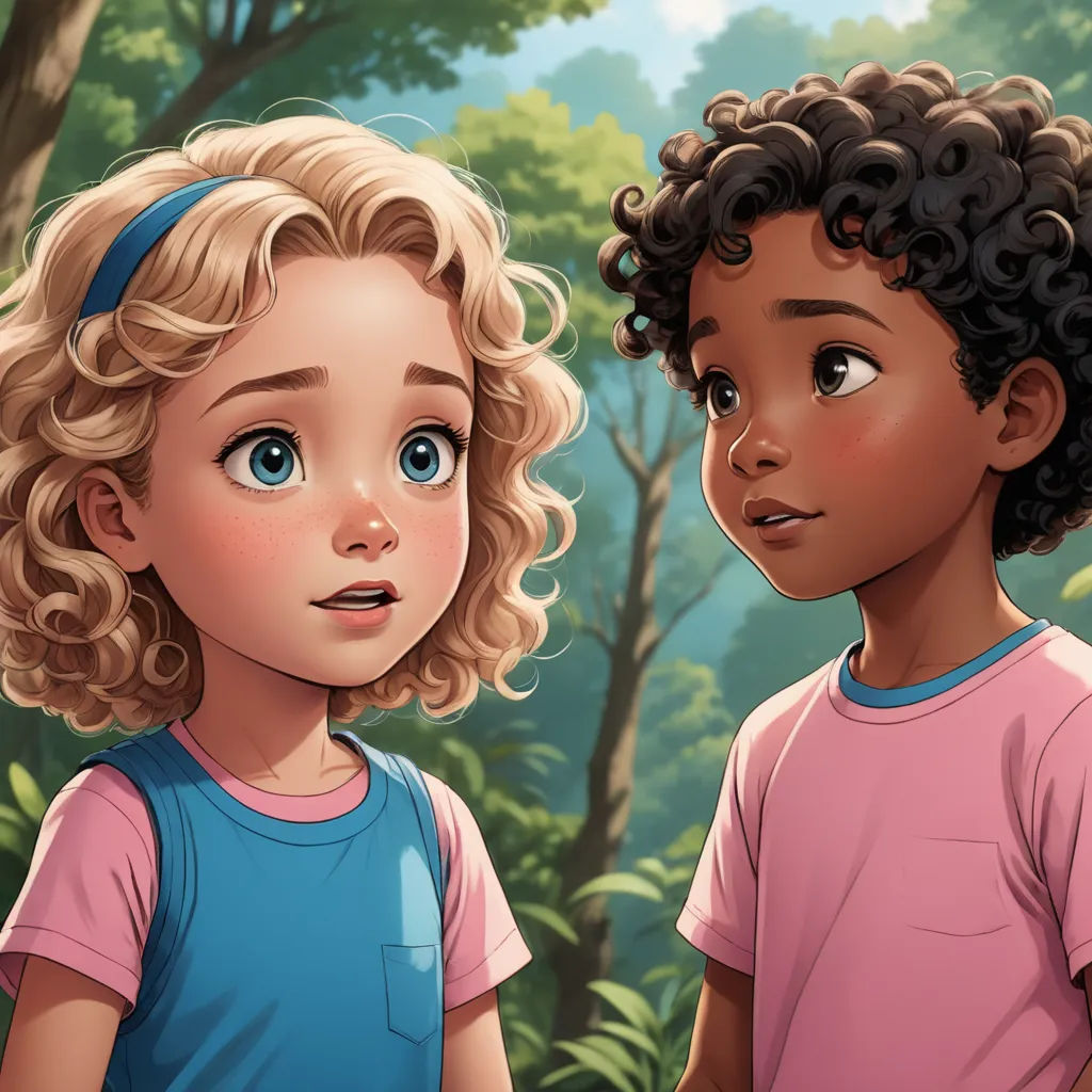 a couple of kids standing next to each other in a forest with trees and bushes behind them and a blue sky, serial art, a storybook illustration, Diego Gisbert Llorens, storybook illustration