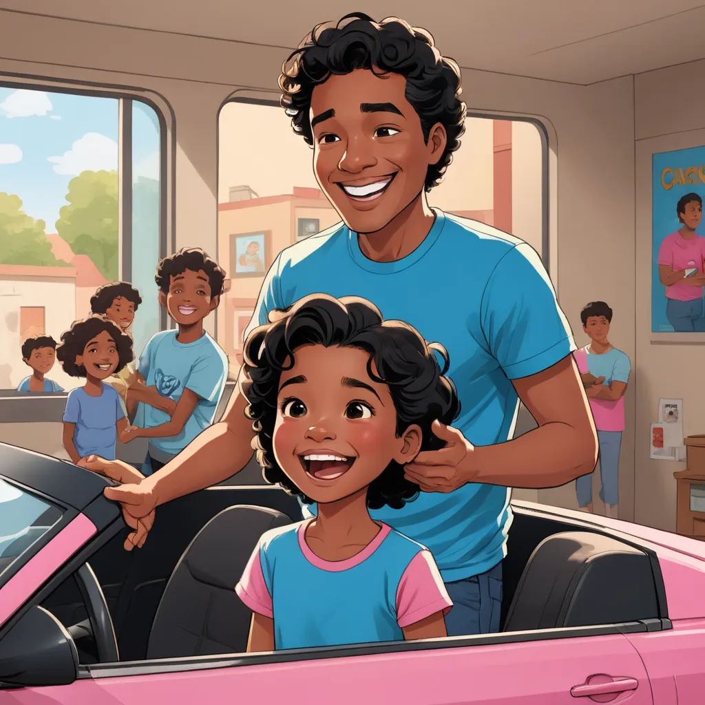 a man and a little girl are smiling in a car with a pink car in the background and a group of people in the background, american scene painting, a storybook illustration, Eddie Mendoza, official art