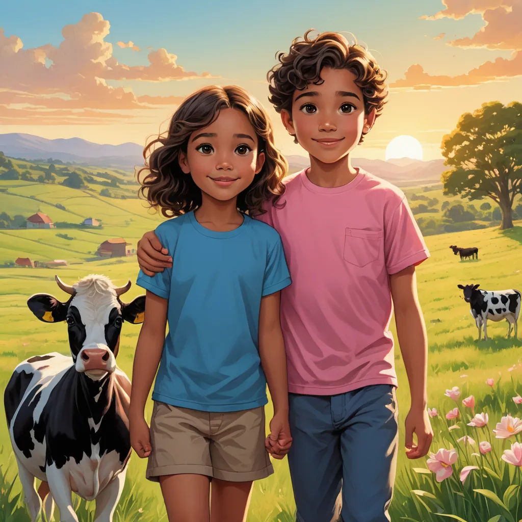 a painting of two children standing in a field with cows in the background and a sunset in the background, american scene painting, a storybook illustration, Brothers Hildebrandt, official art