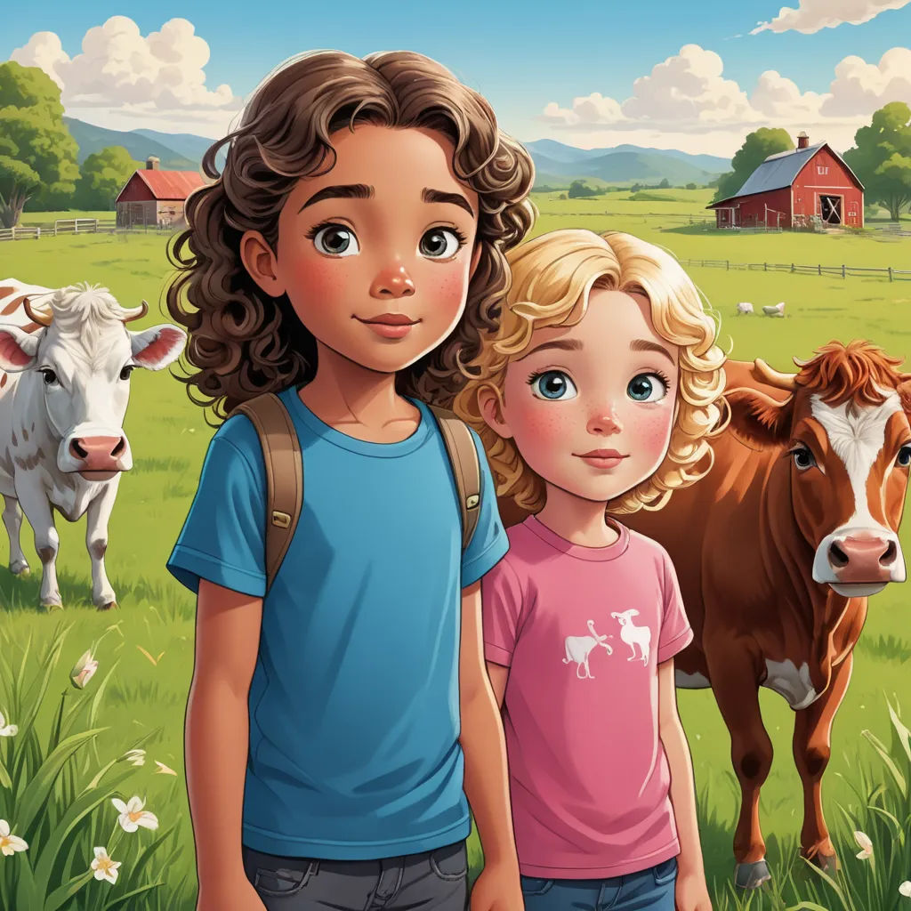 a girl and a boy standing in a field with cows in the background and a barn in the background, american scene painting, a storybook illustration, Americo Makk, promotional image