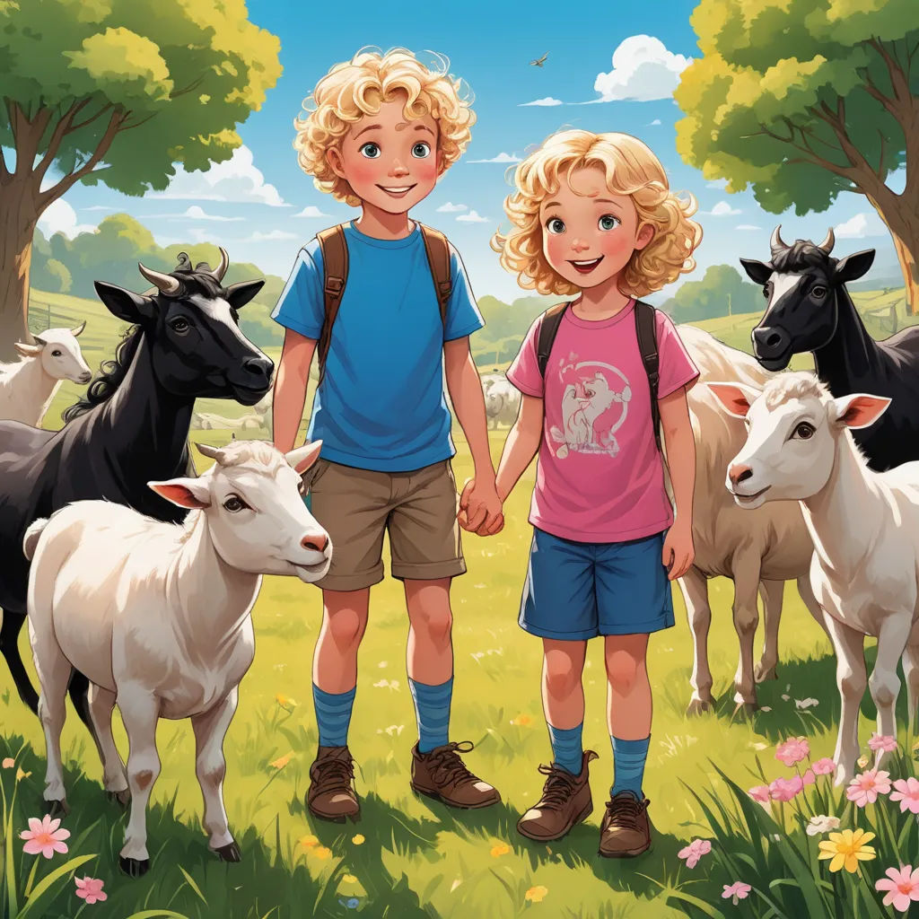 a boy and a girl standing in front of a herd of cows in a field with trees and flowers, lyco art, a storybook illustration, Brothers Hildebrandt, official art
