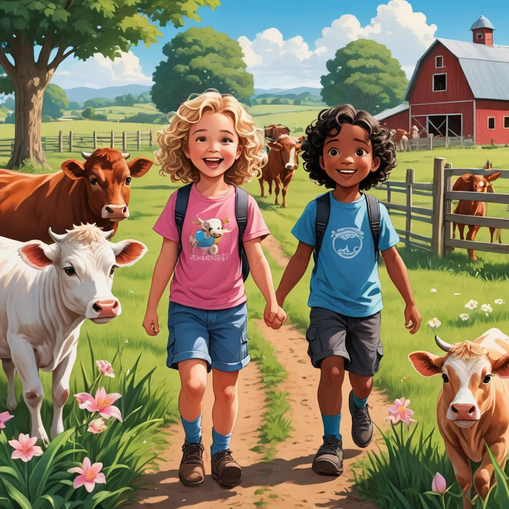 a painting of two children walking down a path with cows in the background and a barn in the background, american scene painting, a storybook illustration, Aaron Jasinski, official art