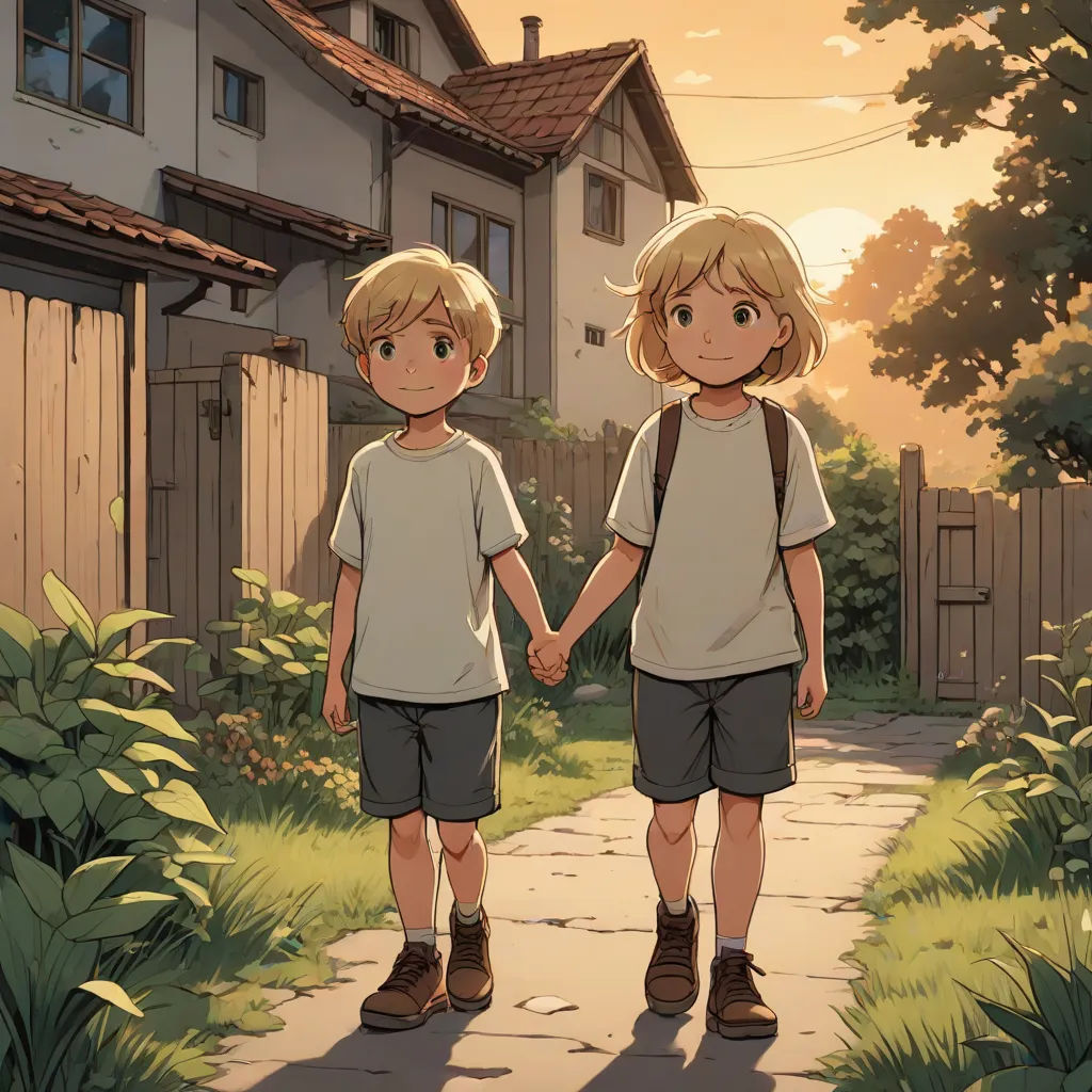 two children walking down a path holding hands in front of a house with a sunset in the background and a tree, official art, american scene painting, a comic book panel, Brothers Hildebrandt