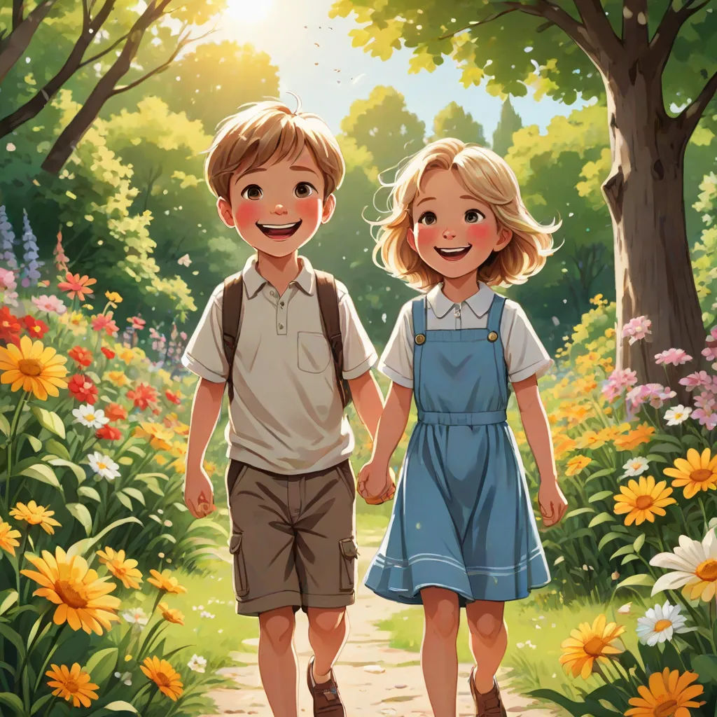 a boy and a girl are walking through a flower garden holding hands and smiling at the camera, with the sun shining through the trees, rossdraws global illumination, american scene painting, a storybook illustration, Brothers Hildebrandt