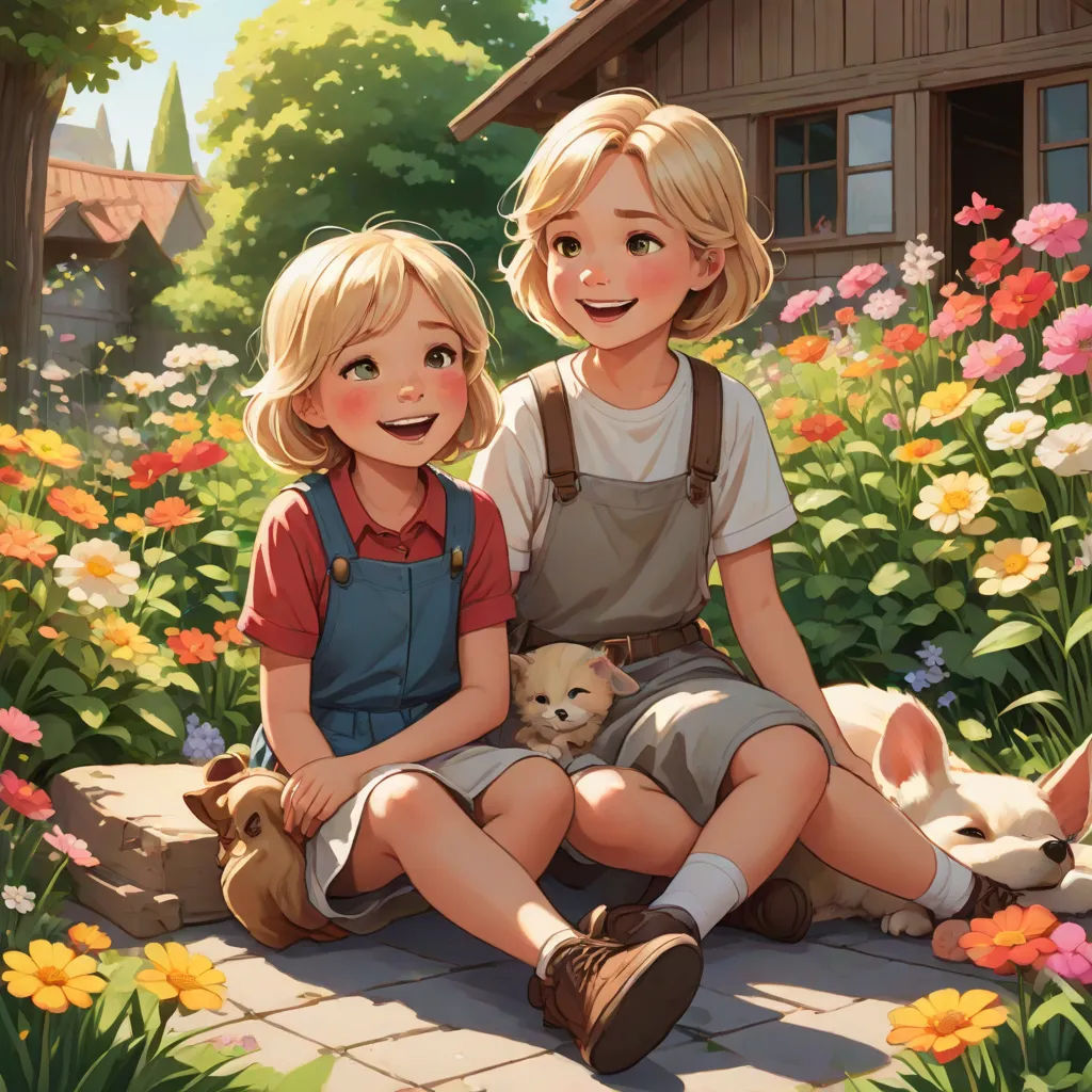a couple of kids sitting on top of a flower covered ground next to a dog and a house with a dog, official art, furry art, a storybook illustration, Brothers Hildebrandt