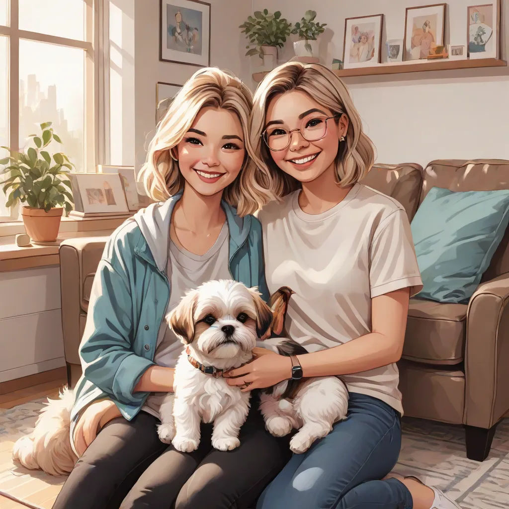 two women sitting on a couch holding a dog and smiling at the camera with a dog in front of them, official art, photorealism, a comic book panel, Artgerm