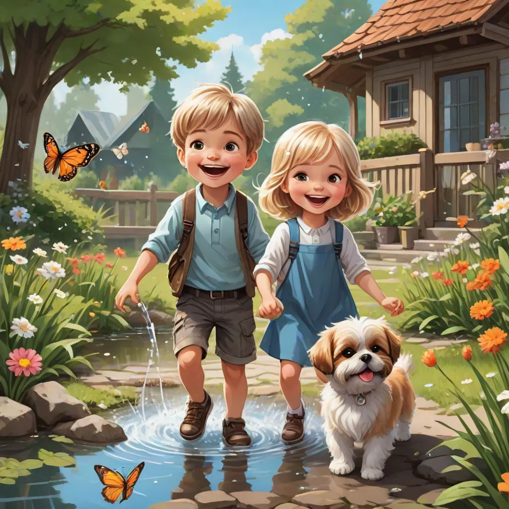 a boy and a girl are walking with a dog in a garden with a butterfly flying overhead and a butterfly flying overhead, kinkade, american scene painting, a storybook illustration, Brothers Hildebrandt