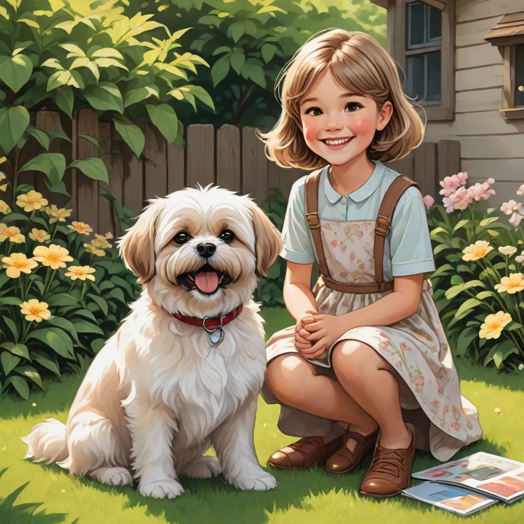 a painting of a girl and her dog in a garden with flowers and a house in the background,, kinkade, american scene painting, a storybook illustration, Bob Byerley