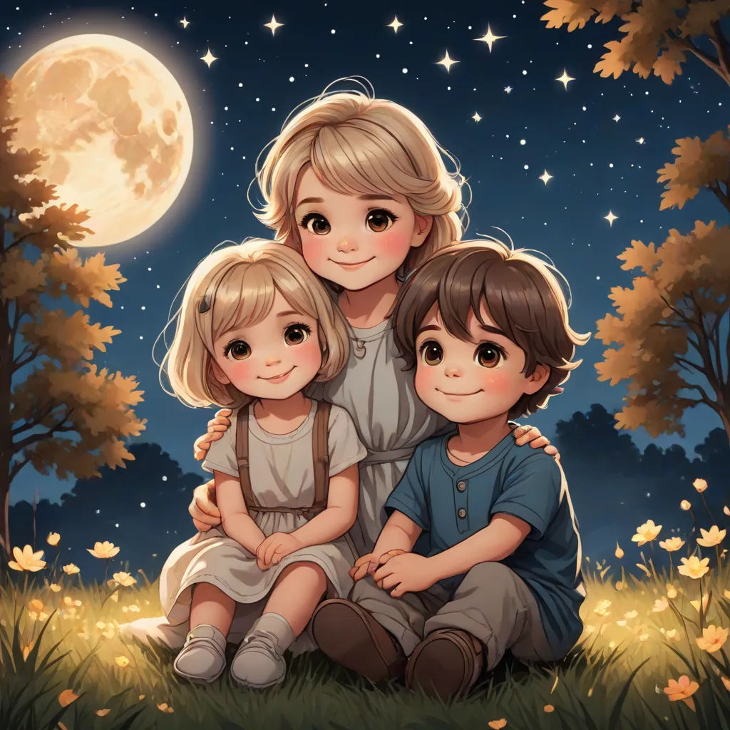 a mother and two children sitting in the grass under a full moon with trees and leaves in the background, storybook illustration, space art, a storybook illustration, Caroline Lucy Scott