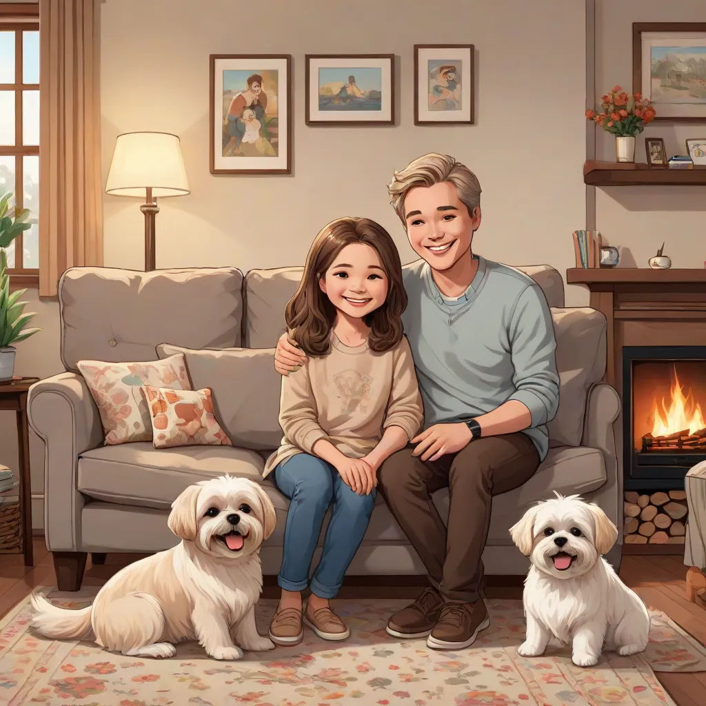 a man and a woman sitting on a couch with two dogs in front of them and a fireplace in the background, official art, sots art, a storybook illustration, David Park