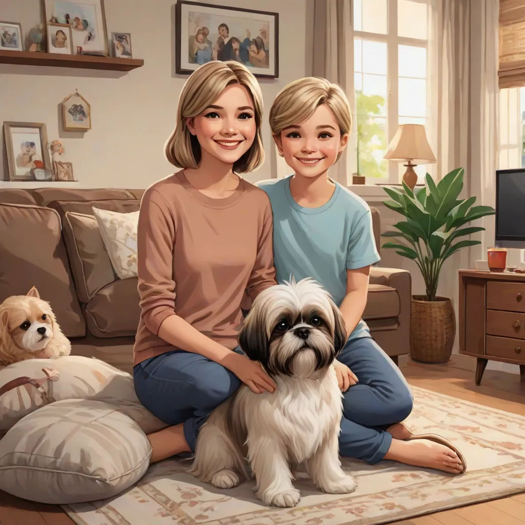 a painting of two women sitting on a couch with a dog and a dog bed in front of them, official art, american scene painting, a storybook illustration, F Scott Hess