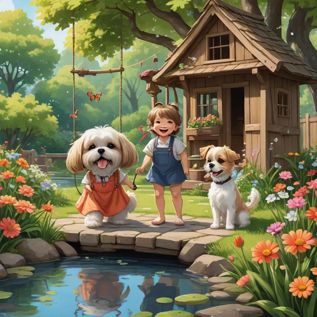 a little girl and two dogs are standing on a bridge over a pond in a garden with a tree house, kinkade, naive art, a storybook illustration, Bob Byerley