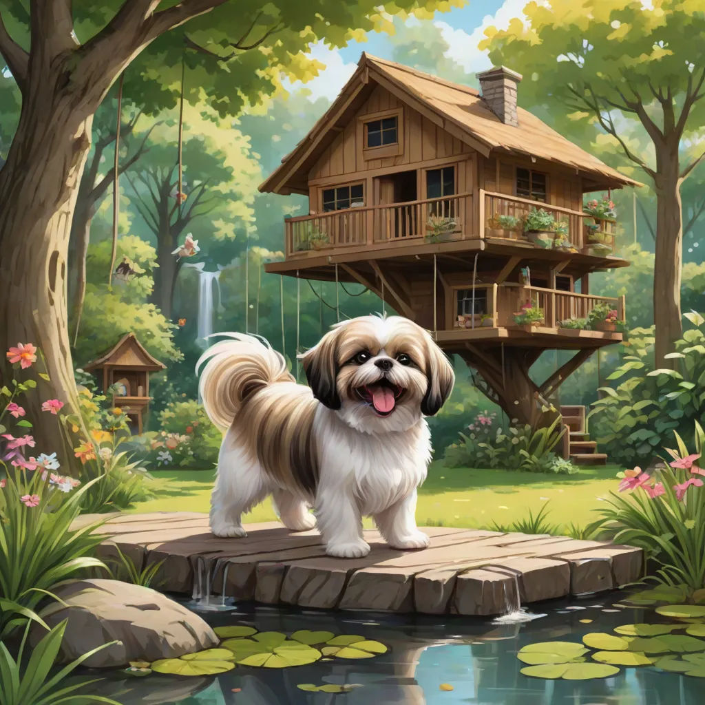 a dog standing on a dock in front of a tree house with a pond and lily pads in front of it, kinkade, american scene painting, a storybook illustration, Chris LaBrooy