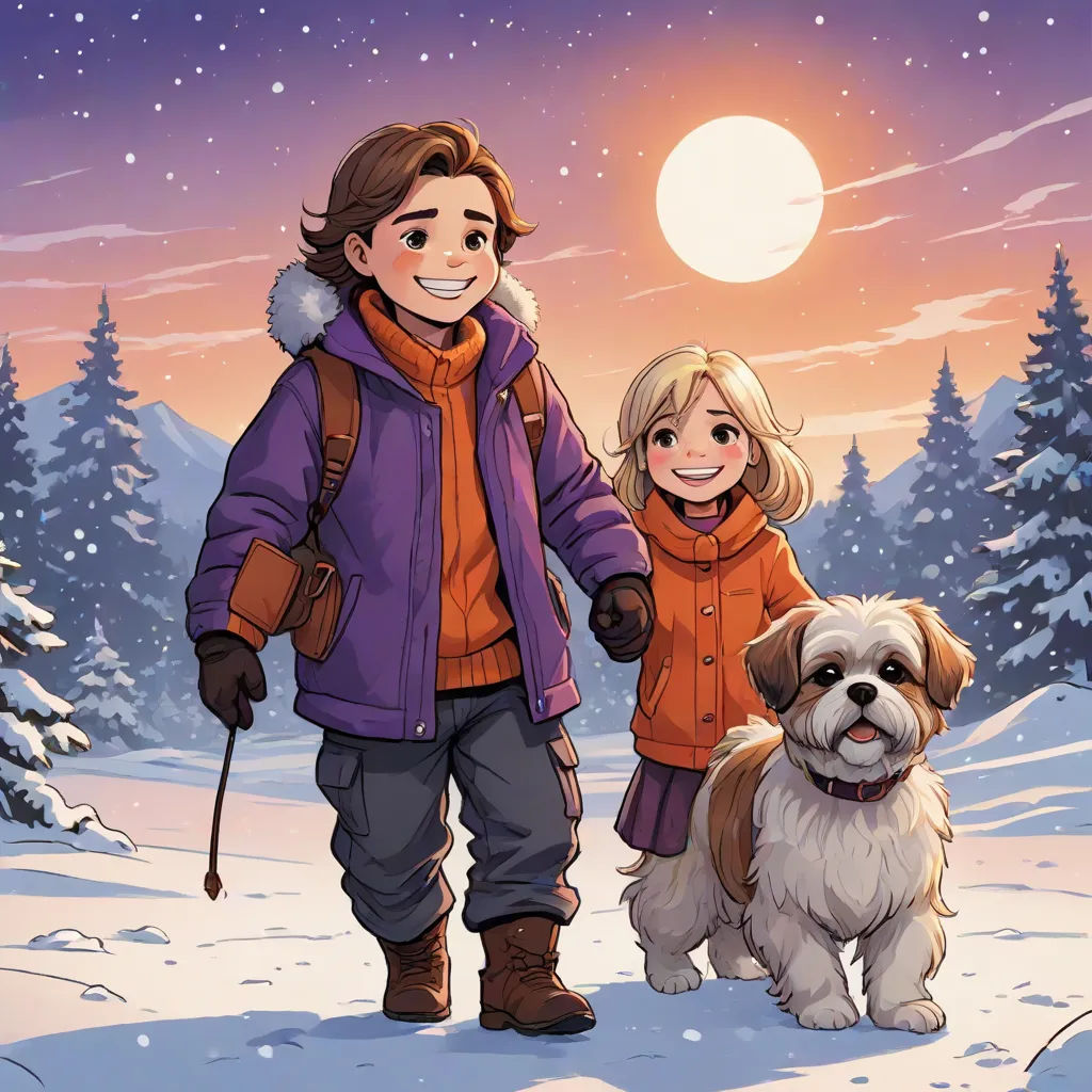 a man and a woman walking a dog in the snow at night with a full moon in the background, comic cover art, sots art, a storybook illustration, Cliff Childs