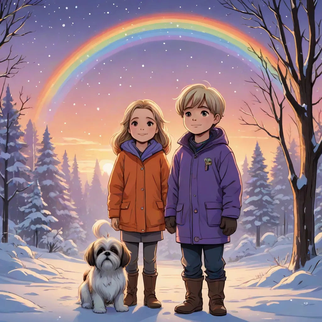 a couple of kids standing next to a dog in the snow with a rainbow in the background and a rainbow in the sky, key art, naive art, a storybook illustration, Cyril Rolando