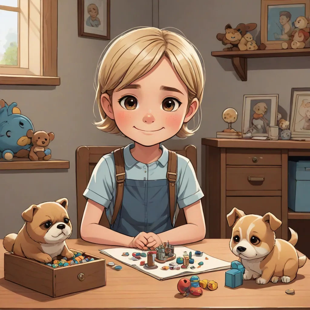 a boy sitting at a table with two dogs and a box of toys in front of him with a teddy bear, 2 d game art, sots art, a character portrait, Ada Gladys Killins