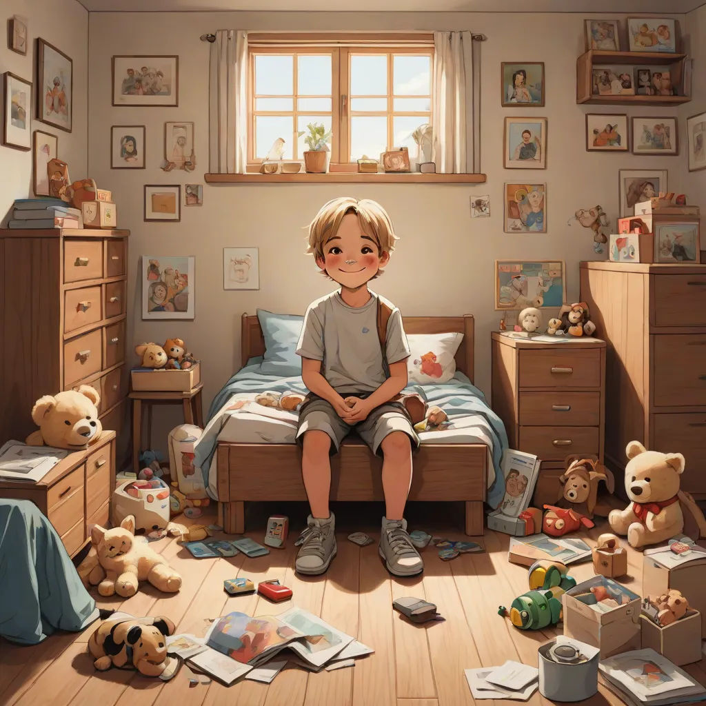 a boy sitting on a bed surrounded by teddy bears and other toys in a bedroom with a window and a bed, highly detailed digital painting, photorealism, a detailed painting, Chris LaBrooy