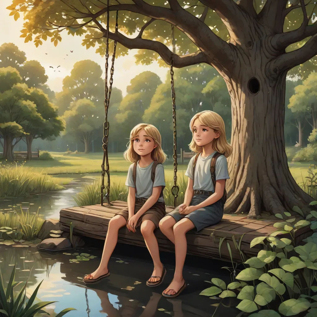 two children sitting on a swing in a park by a tree and a pond with a bird in it, storybook illustration, fantasy art, a storybook illustration, Brothers Hildebrandt