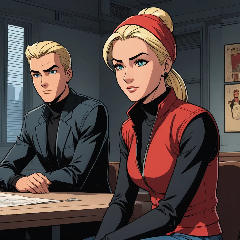 a man and a woman sitting at a table in a room with a window and a sign that says, the office, serial art, a comic book panel, Ada Gladys Killins, official art