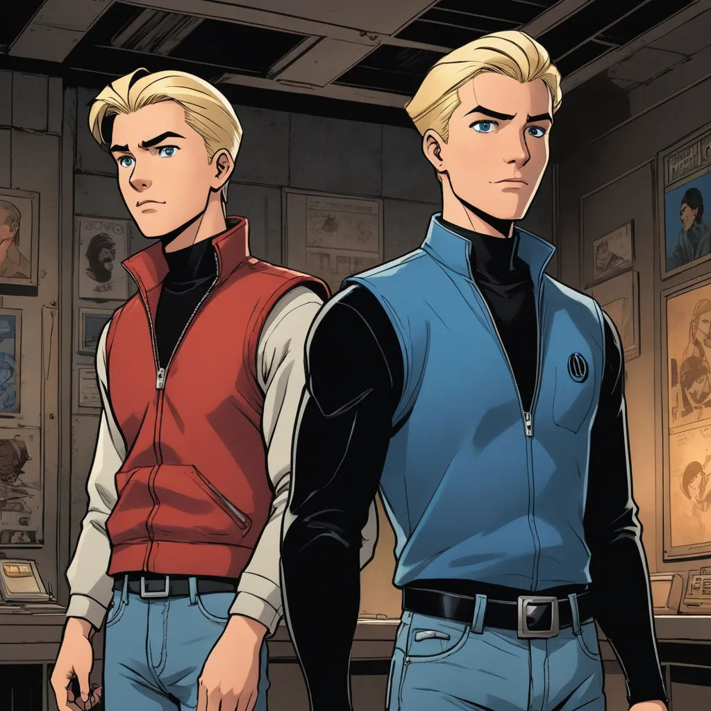 two men in a room with a clock and pictures on the wall behind them and a woman in a red vest, process art, a comic book panel, Brothers Hildebrandt, graphic novel