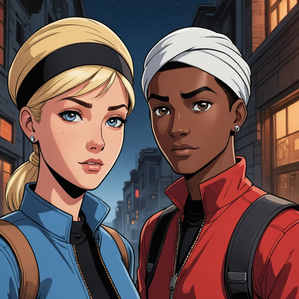 a couple of people standing next to each other in a city at night time with a cityscape in the background, serial art, a comic book panel, Artgerm, comic cover art