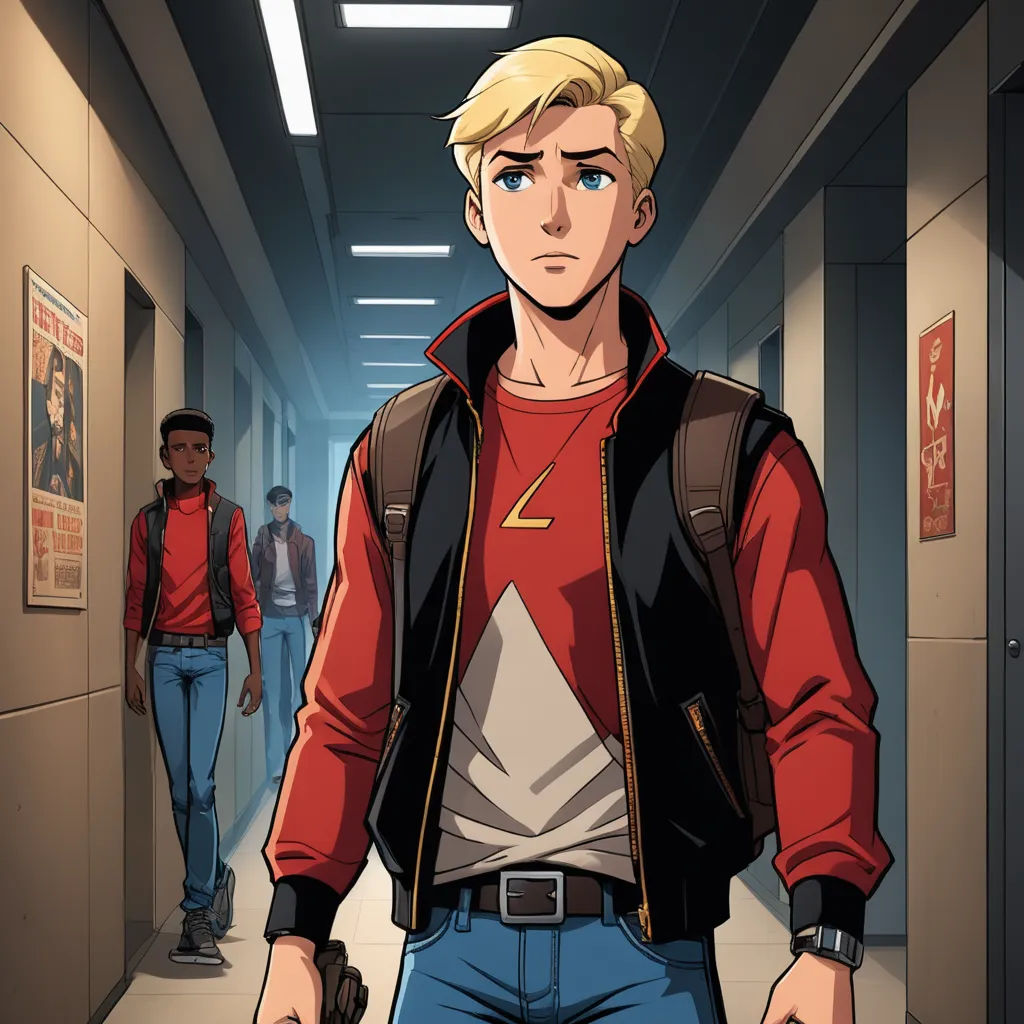 a man in a red shirt and black jacket is walking down a hallway with a backpack on his back, sots art, a comic book panel, Clark Voorhees, official art