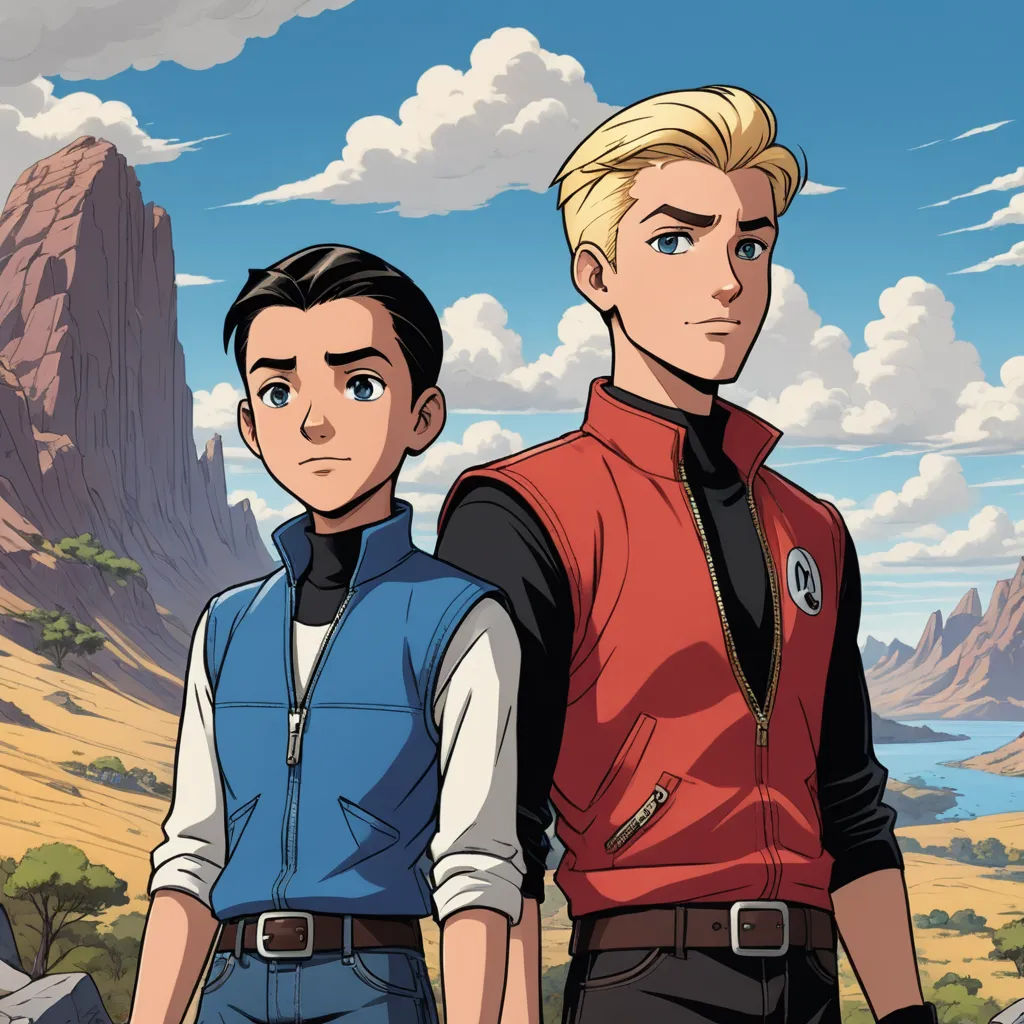 two people standing next to each other in front of a mountain range with a lake in the background and a mountain range in the background, sots art, concept art, Brothers Hildebrandt, promotional image