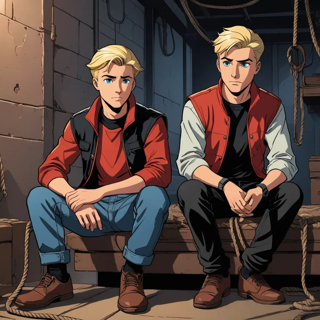 two men sitting on a bench in a room with ropes and a brick wall behind them, one of them is wearing a red vest, sots art, concept art, Brothers Hildebrandt, official art