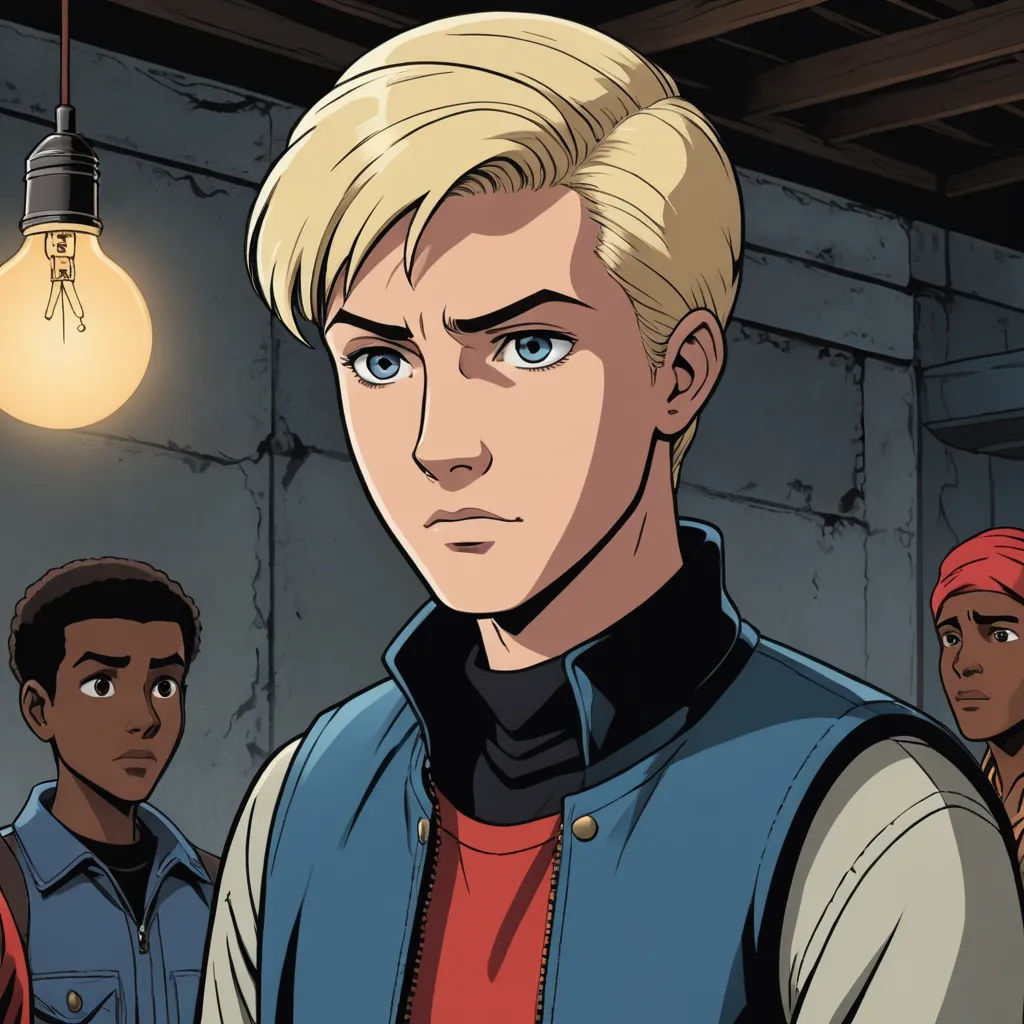 a cartoon of a man with blonde hair and a blue vest standing in front of a group of people, socialist realism, a comic book panel, Cedric Seaut (Keos Masons), official art