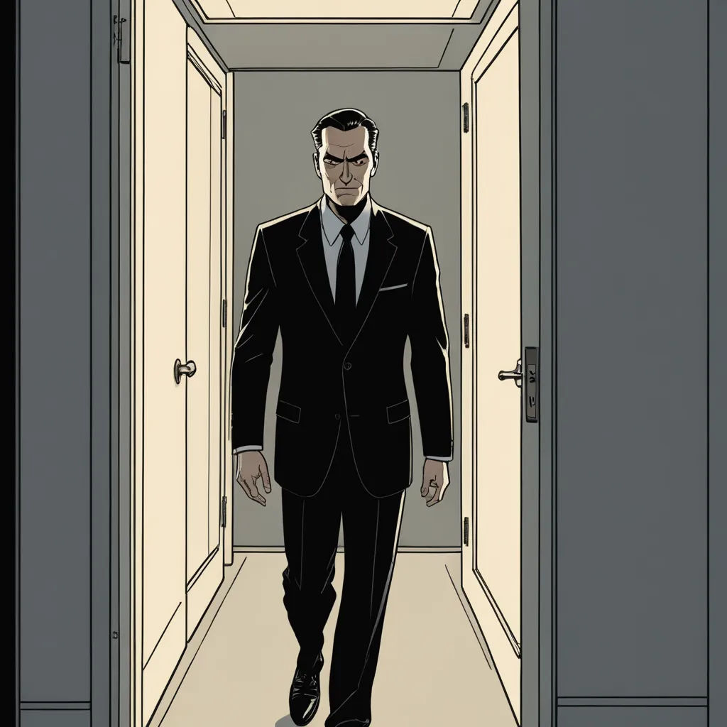 a man in a suit walking down a hallway with a door open to another room with a door open, private press, a comic book panel, Dustin Nguyen, graphic novel