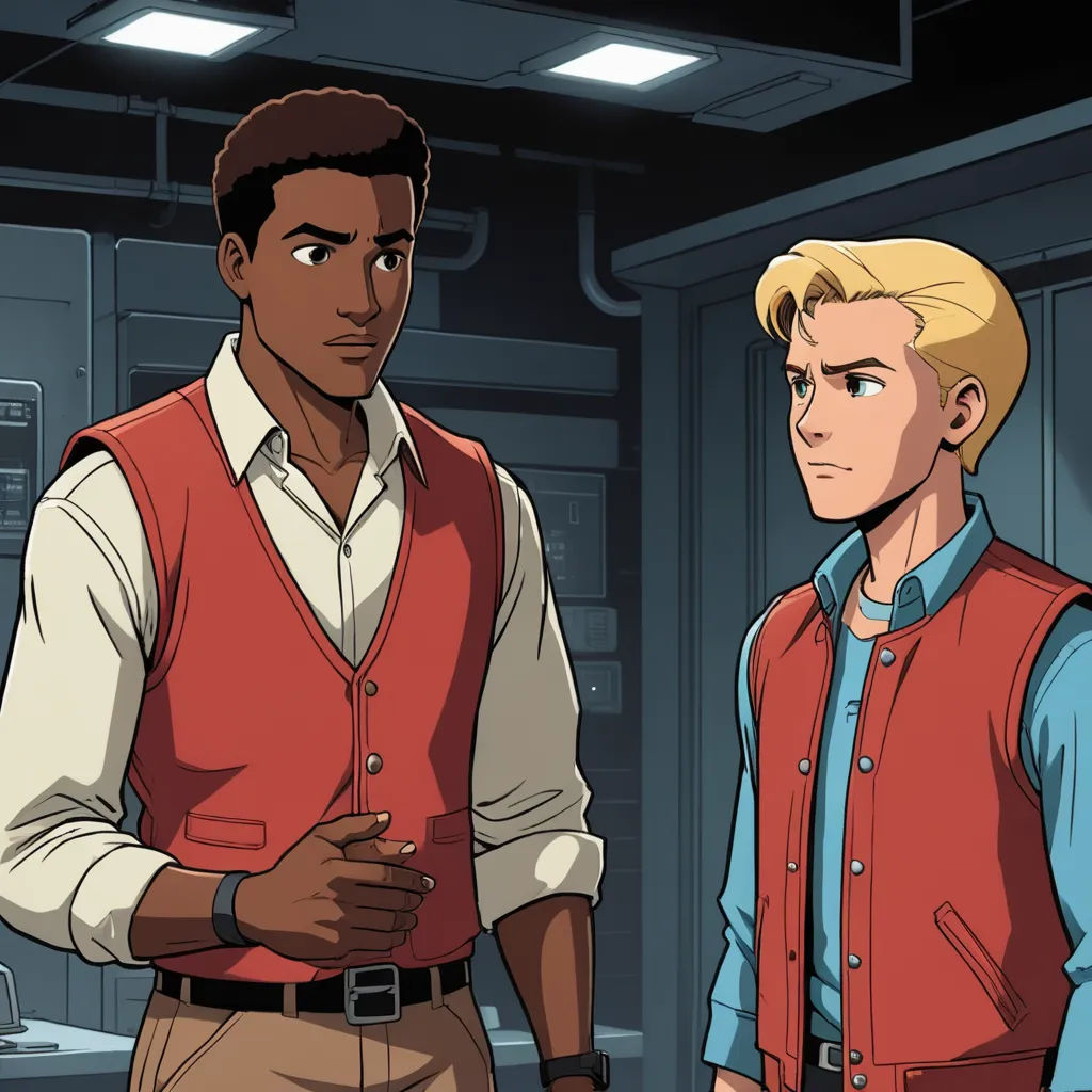 two men standing in a room with a light on and a computer screen in the background, one of them is looking at the other, sots art, concept art, Clark Voorhees, animated
