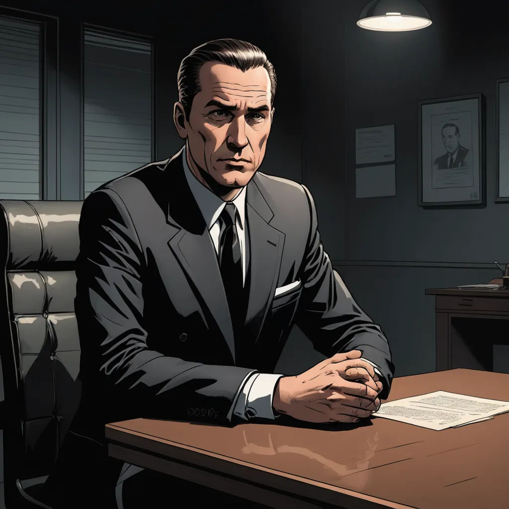 a man in a suit sitting at a desk in an office setting with a pen and paper in his hand, private press, a comic book panel, Clark Voorhees, official art